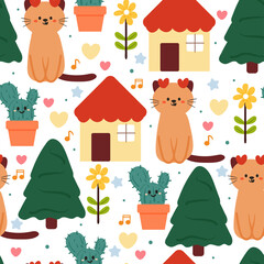 seamless pattern cartoon cat, house and plant for kids wallpaper, fabric print, gift wrapping paper.
