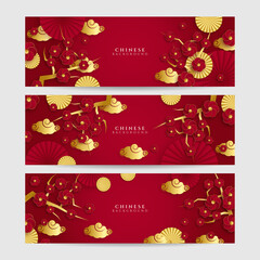 Chinese new year 2022 year of the tiger red and gold flower and asian elements paper cut with craft style on background. Universal chinese background banner. Vector illustration