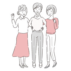 手描き1color 　3人の女性シニア　ガッツポーズ　全身

