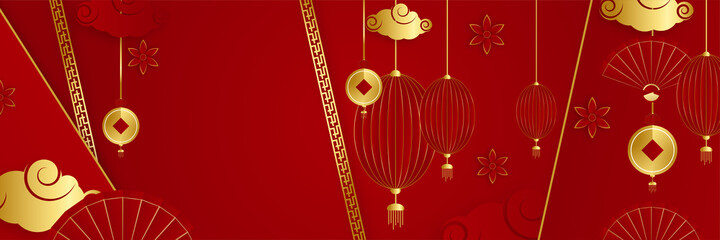 Chinese new year 2022 year of the tiger red and gold flower and asian elements paper cut with craft style on background. Universal chinese background banner. Vector illustration
