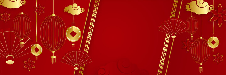 Chinese new year 2022 year of the tiger red and gold flower and asian elements paper cut with craft style on background. Universal chinese background banner. Vector illustration