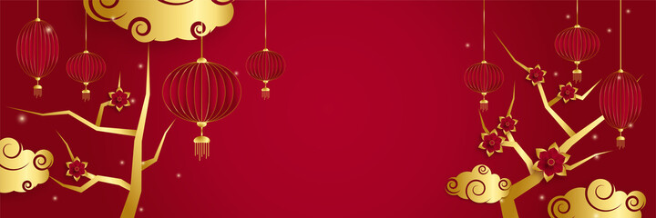 Chinese new year 2022 year of the tiger red and gold flower and asian elements paper cut with craft style on background. Universal chinese background banner. Vector illustration