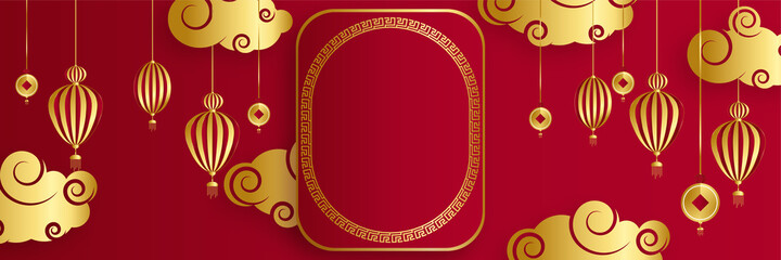 Chinese new year 2022 year of the tiger red and gold flower and asian elements paper cut with craft style on background. Universal chinese background banner. Vector illustration