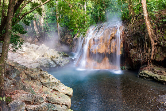 Cascadas El Paraiso, Waterfall in tropical jungle with thermal water - Cascadas El Paraiso, Izabal, Guatemala