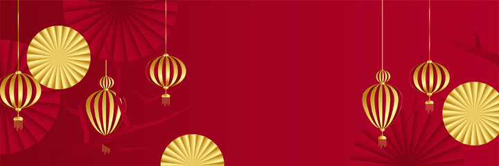 Chinese new year 2022 year of the tiger red and gold flower and asian elements paper cut with craft style on background. Universal chinese background banner. Vector illustration