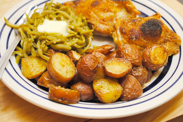 Fried Potatoes, Chicken and Green Beans