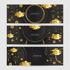 Chinese new year 2022 year of the tiger black and gold flower and asian elements paper cut with craft style on background. Universal chinese background banner. Vector illustration