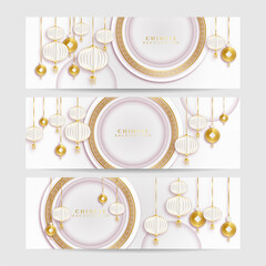 Chinese new year 2022 year of the tiger white and gold flower and asian elements paper cut with craft style on background. Universal chinese background banner. Vector illustration