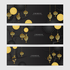 Chinese new year 2022 year of the tiger black and gold flower and asian elements paper cut with craft style on background. Universal chinese background banner. Vector illustration