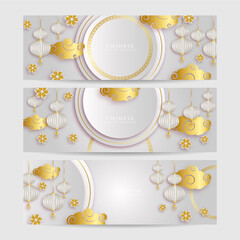 Chinese new year 2022 year of the tiger white and gold flower and asian elements paper cut with craft style on background. Universal chinese background banner. Vector illustration