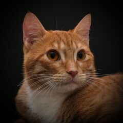 Portrait of young honorable arab ginger tabby cat close up on black background,front view.Pets.