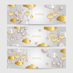 Chinese new year 2022 year of the tiger white and gold flower and asian elements paper cut with craft style on background. Universal chinese background banner. Vector illustration