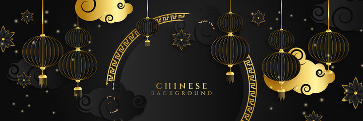 Chinese new year 2022 year of the tiger black and gold flower and asian elements paper cut with craft style on background. Universal chinese background banner. Vector illustration