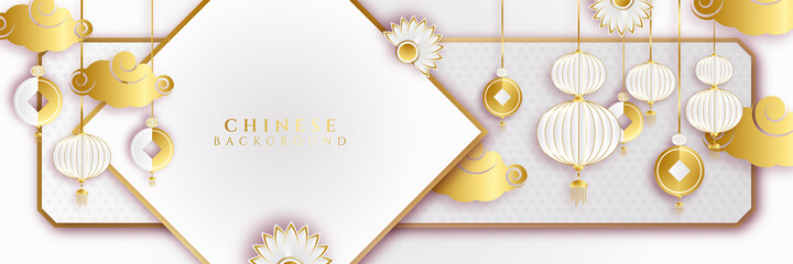 Chinese new year 2022 year of the tiger white and gold flower and asian elements paper cut with craft style on background. Universal chinese background banner. Vector illustration