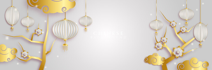 Chinese new year 2022 year of the tiger white and gold flower and asian elements paper cut with craft style on background. Universal chinese background banner. Vector illustration