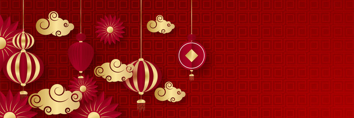 Chinese new year 2022 year of the tiger red and gold flower and asian elements paper cut with craft style on background. Universal chinese background banner. Vector illustration