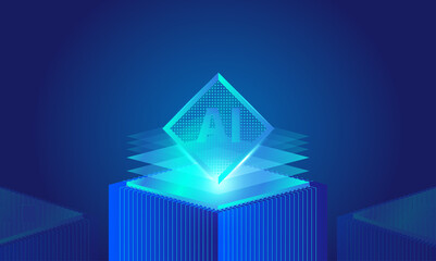 Luminescent AI chip pictured on blue background