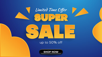 Super sale banner background in orange and blue color with paper style. business vector illustration