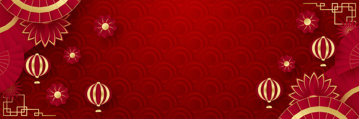 Chinese new year 2022 year of the tiger red and gold flower and asian elements paper cut with craft style on background. Universal chinese background banner. Vector illustration