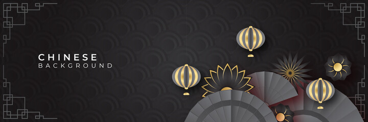 Fototapeta premium Chinese new year 2022 year of the tiger black and gold flower and asian elements paper cut with craft style on background. Universal chinese background banner. Vector illustration