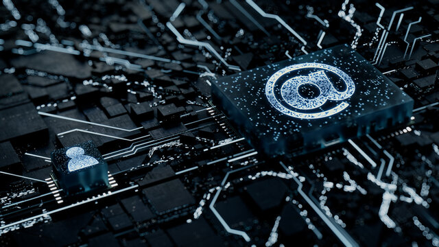 Email Technology Concept with @ symbol on a Microchip. White Neon Data flows between the CPU and the User across a Futuristic Motherboard. 3D render.
