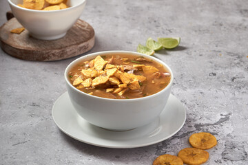 Delicious encebollado fish stew from Ecuador traditional food national dish closeup. food Ecuador