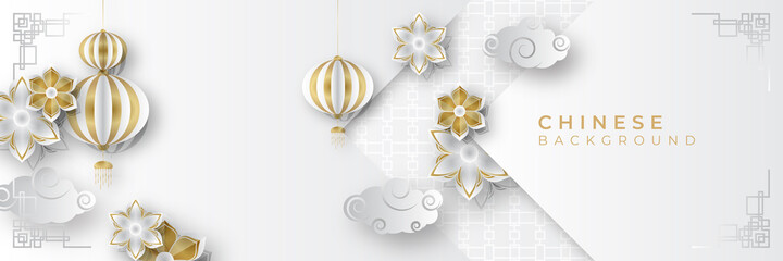 Chinese new year 2022 year of the tiger white and gold flower and asian elements paper cut with craft style on background. Universal chinese background banner. Vector illustration
