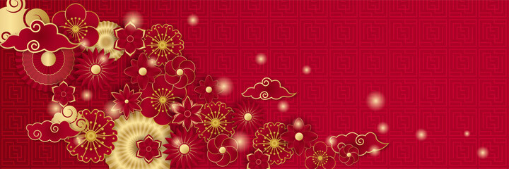 Chinese new year 2022 year of the tiger red and gold flower and asian elements paper cut with craft style on background. Universal chinese background banner. Vector illustration