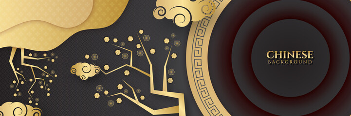 Chinese new year 2022 year of the tiger black and gold flower and asian elements paper cut with craft style on background. Universal chinese background banner. Vector illustration