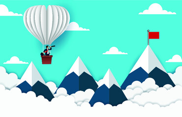 businessman standing on balloon looking with the binocular go to red flag on sky between mountain go to business success goal creative idea leadership illustration vector