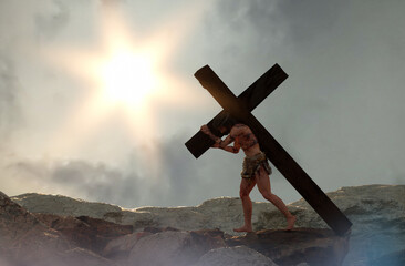 Jesus Christ carrying the cross render 3d 