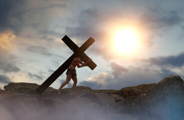 Jesus Christ carrying the cross render 3d  - 481504981