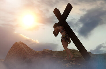 Jesus Christ carrying the cross render 3d  - obrazy, fototapety, plakaty
