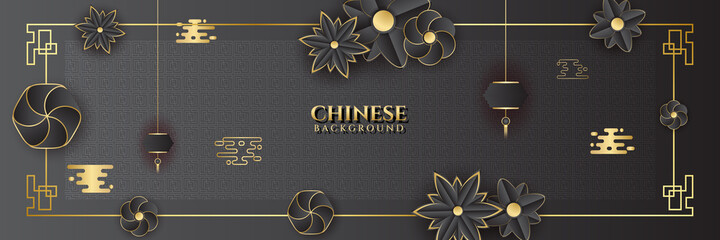 Chinese new year 2022 year of the tiger black and gold flower and asian elements paper cut with craft style on background. Universal chinese background banner. Vector illustration