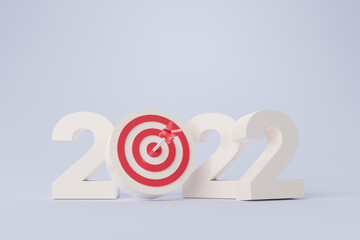 Fototapeta New year resolution 2022. Goal achievement. Ambition aiming success. Dartboard and arrow with number. 3d rendering illustration obraz