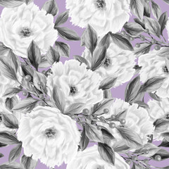 Spring flowers seamless pattern. Botanical background. Arrangement of pink and white wildflowers.