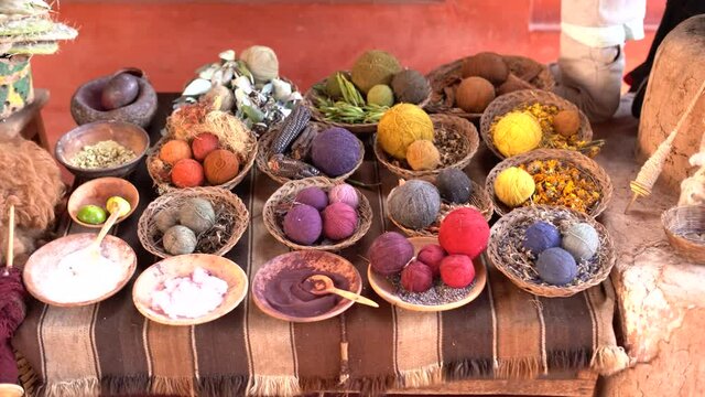 Natural Dyed Wool Yarn In Peruvian Andes, Cuzco Region, Peru. High Angle