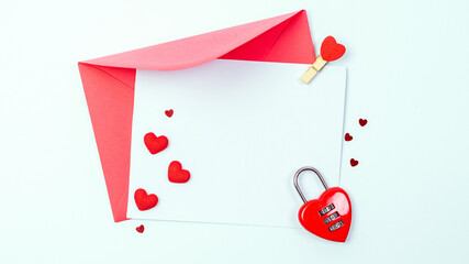 Valentine background. Red heart, romantic gift on love white background. Valentines day heart decoration for flat lay with copy space.