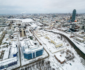 Yekaterinburg aerial panoramic view at Winter in cloudy day. Ekaterinburg is the fourth largest city in Russia located in the Eurasian continent on the border of Europe and Asia.