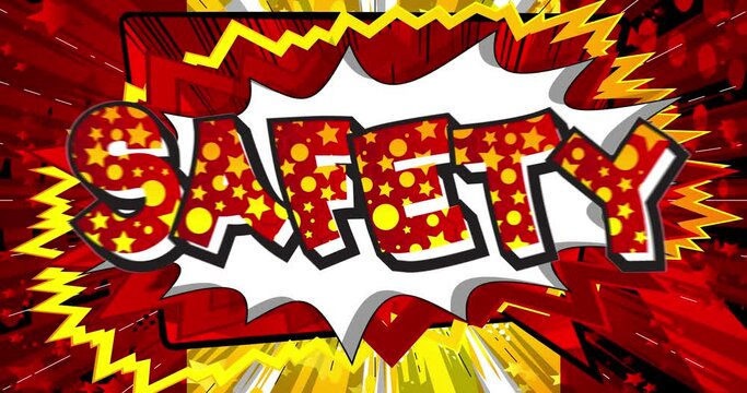Safety. Motion poster. 4k animated Comic book word text moving on abstract comics background. Retro pop art style.