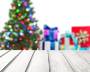 Blank wooden table in Christmas interior for object placement