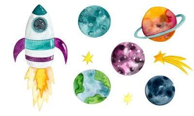 Foto op Canvas Watercolor collection of illustrations about space . Rocket and planets illustrations.  © Arina