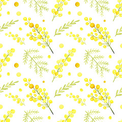Seamless pattern with mimosa illustrations. Spring pattern. 