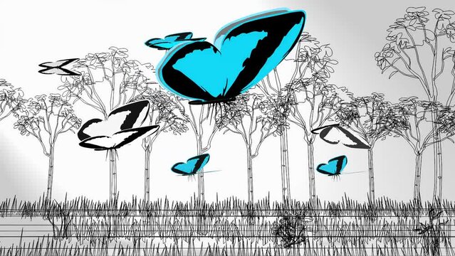 3d animation, some butterflies flying on forest  with a scrolling background ( line art )