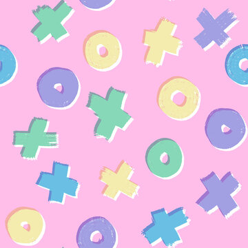Tic-tac-toe, oughts and crosses game abstract seamless pattern in trendy pastel shades. Vector hand-drawn illustration.
