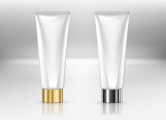 beauty skincare cosmetic mockup cream lotion bottle pakage on white background, sunscreen protection. Vector illustration.