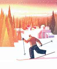 skier man sliding down sportsman skiing doing activities winter vacation concept sunset snowfall landscape
