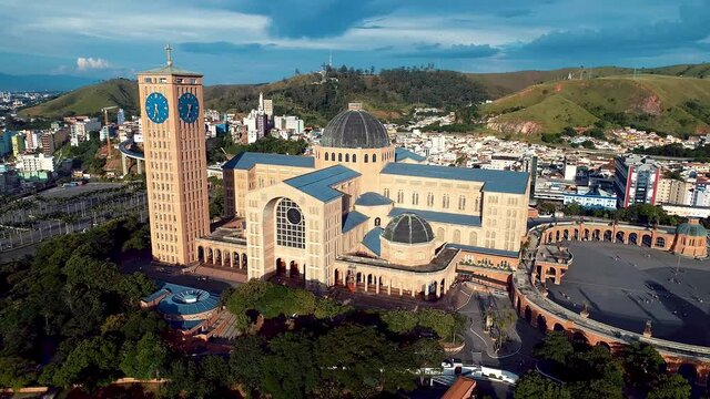 Aerial view of religion church shrine landmark at Brazil. Patroness of Brazil. Famous catholic church temple at state of Sao Paulo. Catholic religion priest.