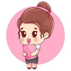 girl in cartoon style student uniform holding a small pink notebook