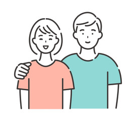 肩を抱くカラーTシャツを着た若いカップル